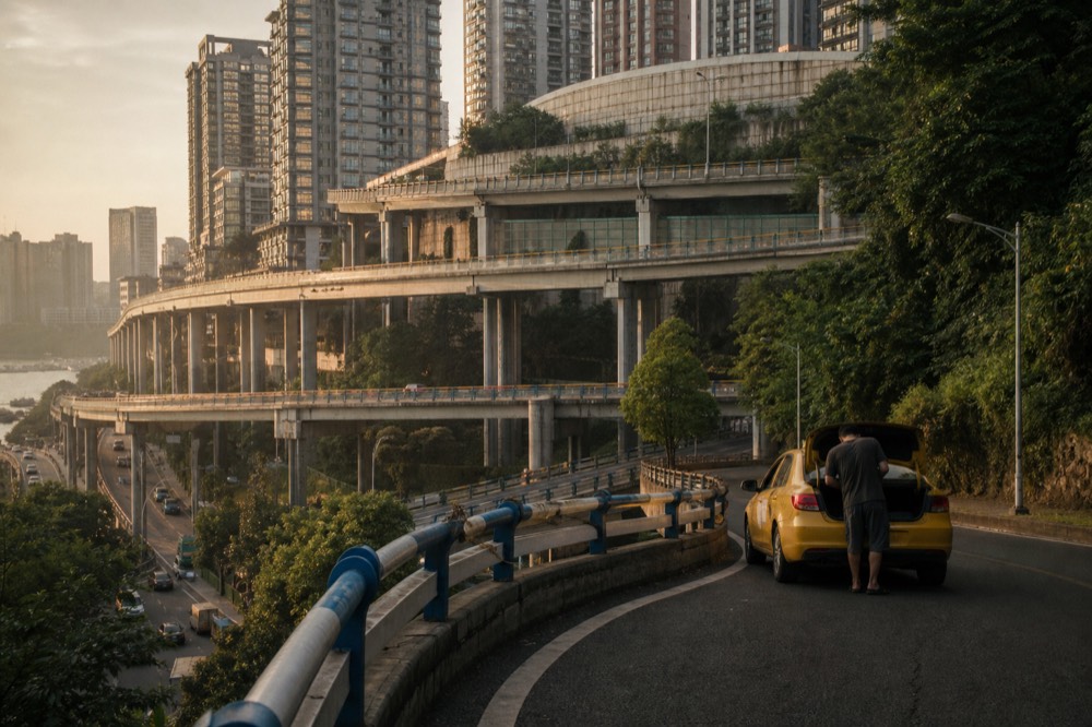 Layered hillside cityscape of Chongqing with roads and buildings stacked across a steep slope in evening light