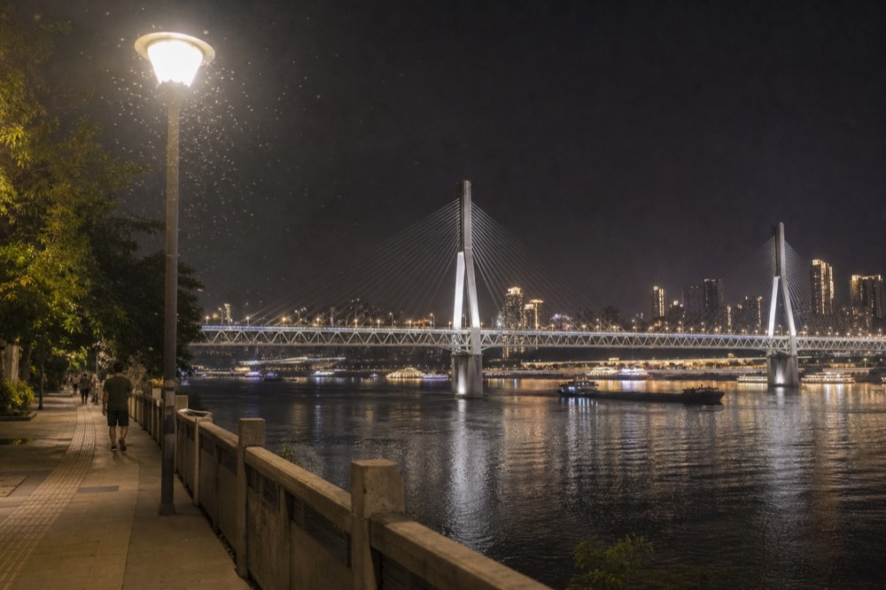 Cable-stayed bridge lit at night spanning a wide river with high-rise towers rising behind it