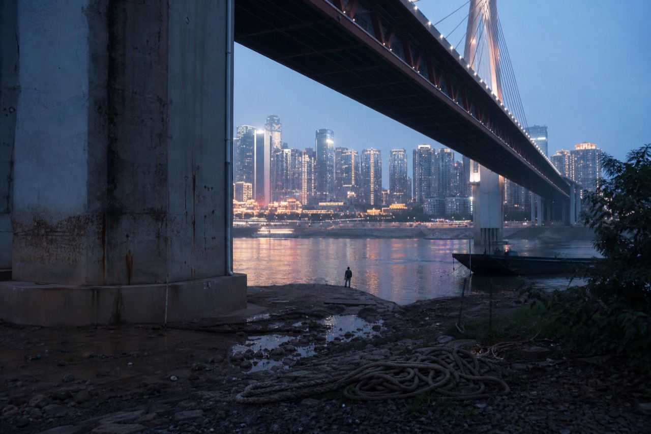 Illuminated high-rise towers rising above a dark river with a lit bridge crossing the water at night