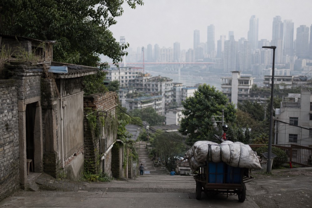 Terraced hillside streets and towers of the Yuzhong peninsula in daytime