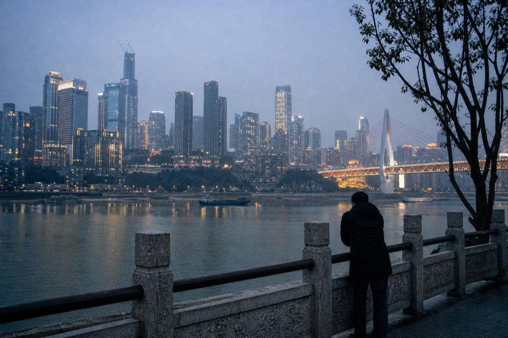 City skyline at blue hour with warm interior lights on towers and a bridge glowing across a dark river.